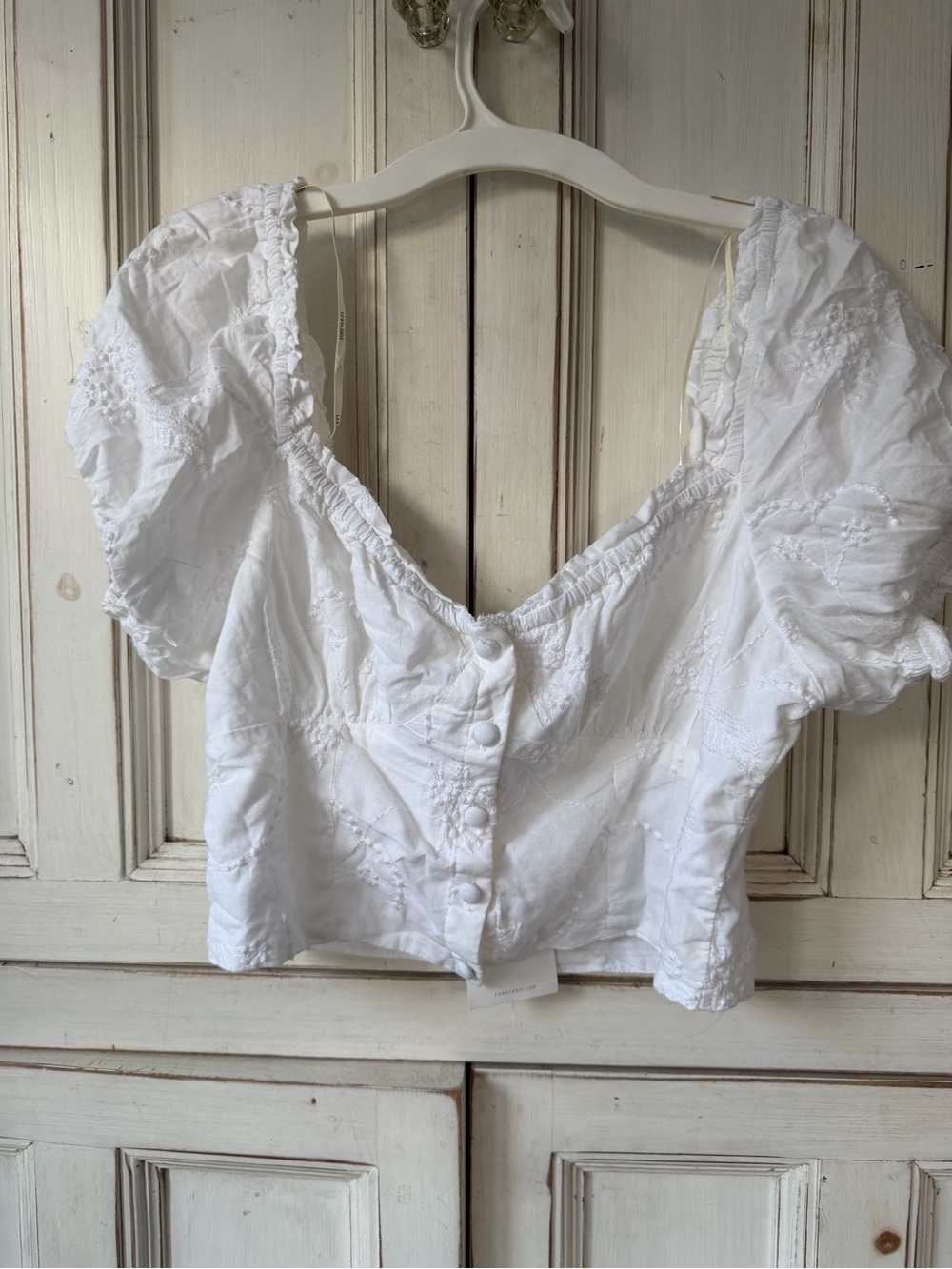 Flirty, Feminine, Romantic, Crop, White Eyelet, Puff Sleeve, Button-Front Blouse